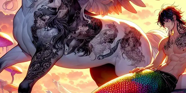 A vibrant forest scene featuring hybrid human-animal characters, blending mythology with a surreal, enchanting atmosphere.