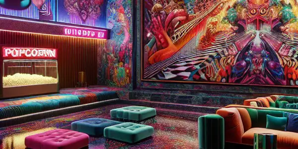 A vibrant surreal cinema lobby featuring a watermelon-shaped popcorn machine and bold, abstract movie posters.