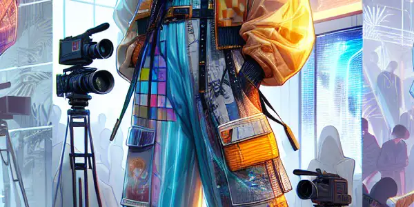 A fashionable character in a vibrant, provocative outfit on a stylized Japanese adult film set.