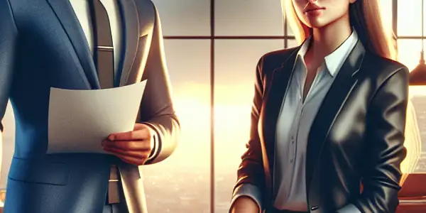 A modern office scene with two flirtatious characters in business attire, engaged in a playful interaction.