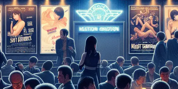 A lively film festival scene showcasing diverse enthusiasts discussing Japanese adult movies amidst stylish cinema decor and captivating posters.