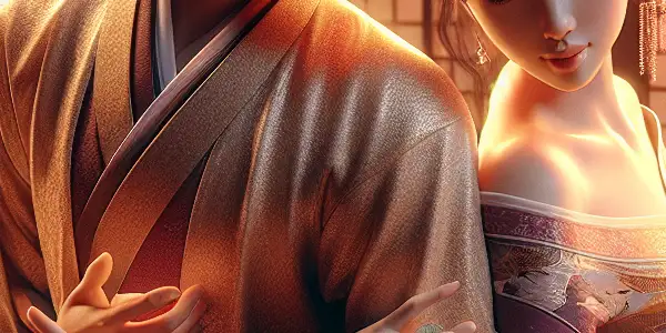 Two elegant figures intertwined in a 69 position, set in a serene Japanese room, embodying intimacy and connection.