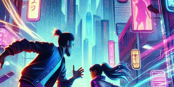 A vibrant futuristic city scene depicting two characters in an exhilarating chase filled with intense emotions and energy.