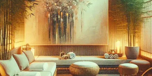 A serene adult spa featuring a hot tub, bamboo decor, and soft ambient lighting for relaxation.