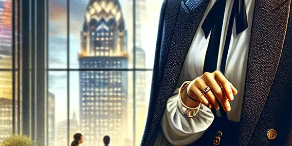 A confident woman in elegant business attire with sheer black stockings leans against a stylish desk in a modern office.