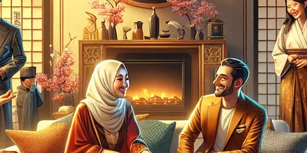 Two couples in a modern living room engage in playful interactions, highlighting excitement and curiosity in partner swapping.