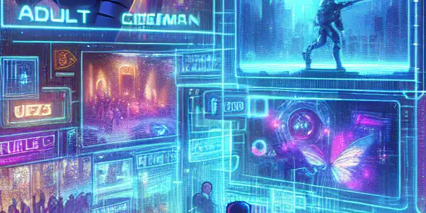 A futuristic virtual reality scene showcasing immersive adult entertainment with neon cityscapes and diverse character representations.