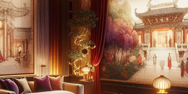 A glamorous, intimate room with plush couches, soft lighting, and a projector displaying abstract visuals of passion.