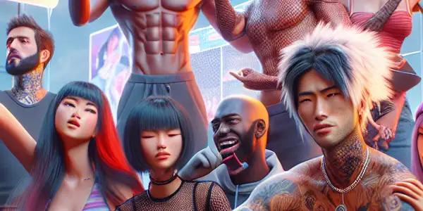 A vibrant scene of diverse individuals engaging in playful poses against a dynamic social media backdrop, embodying modern Japanese culture.