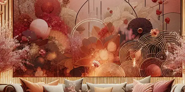 A dimly lit, elegant room featuring a plush sofa, abstract visuals, and cherry blossom petals, evoking romance and allure.