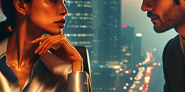 A tense office romance between a determined woman and a charming male colleague amidst a bustling city backdrop.