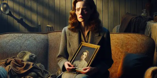 A sorrowful woman clutches a family photo in a dimly lit, chaotic living room, reflecting emotional turmoil and tragedy.