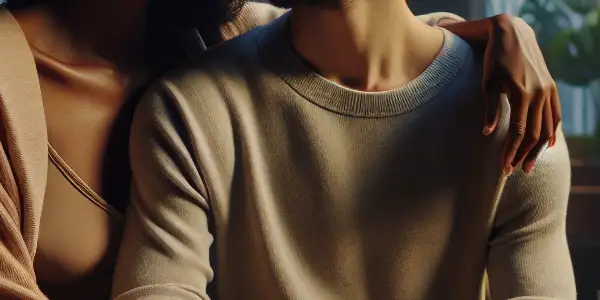 A cozy living room scene with two characters sharing a passionate, intimate moment amidst soft lighting and personal details.