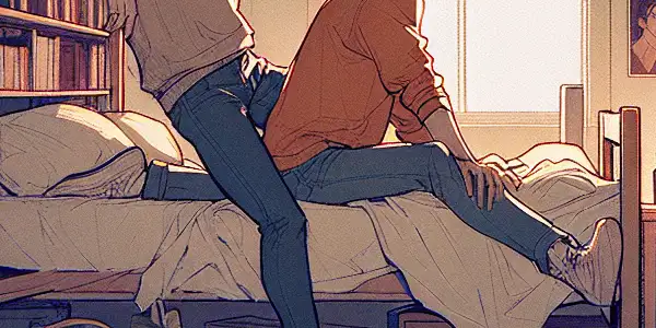 Two male roommates share an intimate moment in a cozy dorm room, reflecting deep friendship and unspoken feelings.