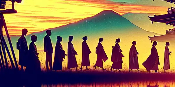 A serene dawn landscape featuring silhouettes of Japanese architecture and elegantly dressed characters, embodying allure and intrigue.