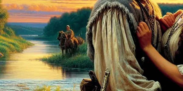 Cossack lovers embrace passionately by the Don River, surrounded by lush landscapes and hints of historical context.