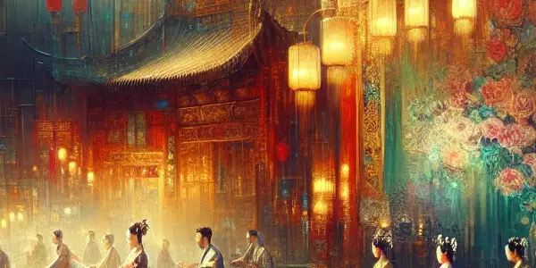 A vibrant film set blending modern and traditional Chinese elements, showcasing intimacy and storytelling among characters.