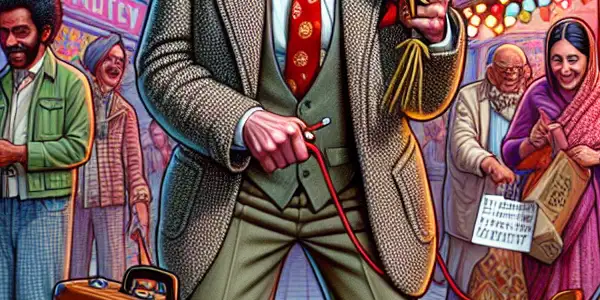 Mr. Bean hilariously struggles with a giant balloon on his face while juggling quirky objects in a lively urban street.