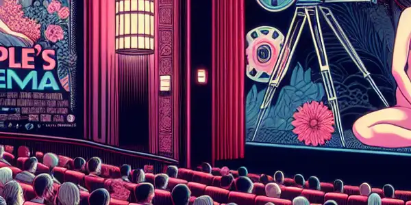 A vibrant cinema scene with a diverse audience enjoying a film, featuring abstract visuals and cultural elements.