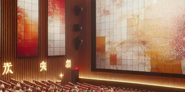 A modern Japanese cinema hall filled with diverse film enthusiasts, plush seating, and iconic AV film displays.