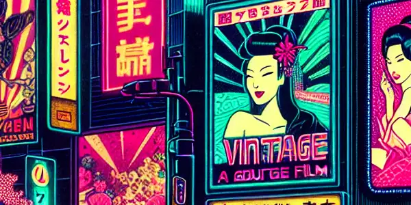 A vibrant, neon-lit Japanese cityscape filled with colorful adult film advertisements and classic film elements.